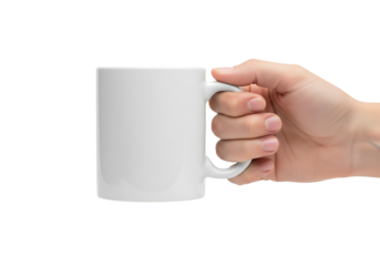 Hand holding a classic white ceramic coffee mug for mockup or branding. Isolated on transparent background, png