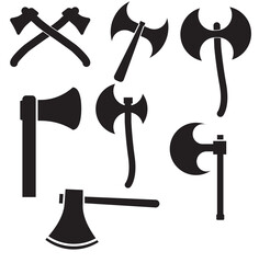 Axe icon An isolated black silhouette icon set of an axe and hammer with a wood handle for construction and carpentry work