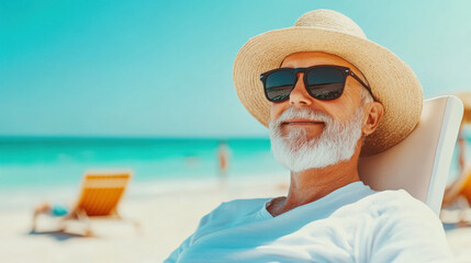 Cheerful elderly man with white beard wearing sunglasses and straw hat relaxing on beach chair by ocean shore