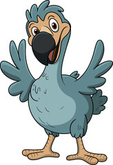 Cartoon dodo bird with large black beak, blue feathers, round body, yellowish feet, wings raised in welcoming gesture © Rifat Creatives