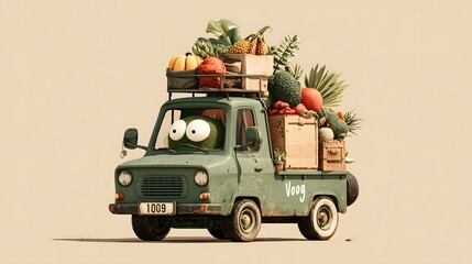 Obraz premium Vintage Green Truck Carrying Fresh Produce In A Charming Cartoon Style