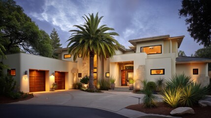 Fototapeta premium A large modern suburban house with wooden double garage doors and an entrance at twilight, featuring palm trees, bushes,
