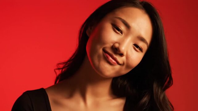 A young Asian woman looks at the camera with a subtle, confident smirk and a slight tilt of her head.