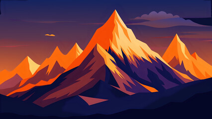 Vector illustration of tall snowy mountains glowing orange under the first light of dawn illustration