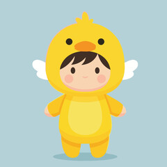 A cute cartoon illustration of a child dressed in a bright yellow chick costume with small white wings against a light blue background.
