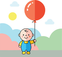 A cartoon illustration of a baby holding a large red balloon in a park setting with stylized clouds and a sun.
