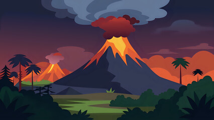 landscape of an active volcano with flowing lava, ash clouds, and jungle trees in foreground illustration