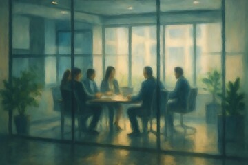 Fototapeta premium Business meeting in a modern glass conference room with silhouetted figures