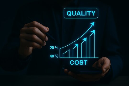 Business growth chart demonstrating increasing quality and decreasing cost