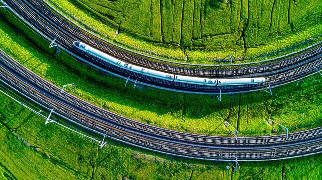 Fototapeta High-Speed Train Journey: Aerial View of a Modern Bullet Train Passing Through Green Fields