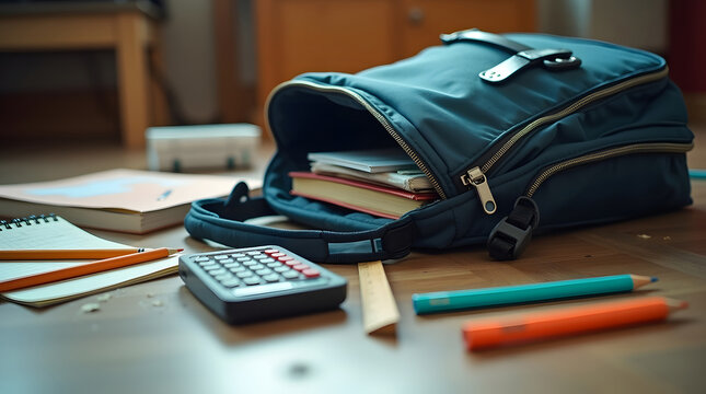 Backpack with books, calculator, and pencils on the floor. School or education concept.