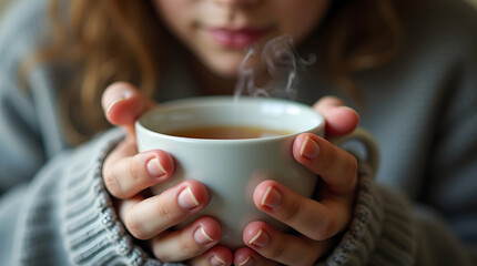 Woman holding a hot steaming cup of tea. Warm and cozy concept.