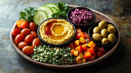 Wooden platter presenting colorful mediterranean mezze with hummus, tabbouleh, and olives