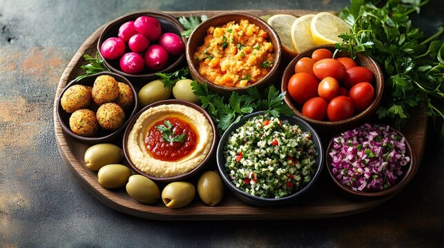 Wooden tray presenting colorful mediterranean mezze platter with various dips and appetizers