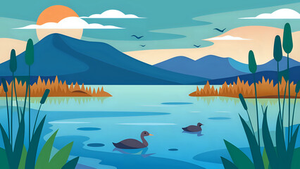landscape with lake, scene of a calm lake with ducks swimming, reeds along the shore, and distant mountains illustration