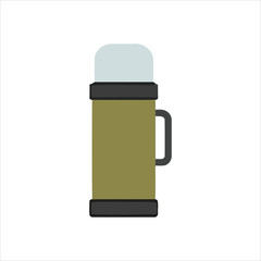 Flat vector icon of a classic travel vacuum flask for hot drinks. Insulated bottle for camping and hiking, isolated on white.