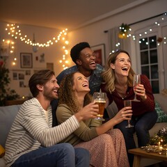 Diverse group of friends laughing and toasting with drinks during a cozy indoor celebration