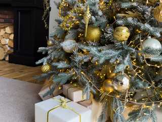 presents under a christmas tree and cozy lighting