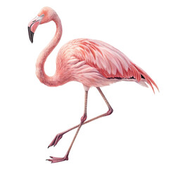 Obraz premium A graceful pink flamingo stands on one leg with its neck curved elegantly isolated on transparent background