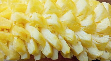 Cleaned fresh pineapple rings stacked like golden layers. Freshly sliced pineapple peeled, skin and...