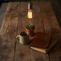 A reclaimed wood dining table with a single ceramic mug, a small succulent in a terracotta pot, and a worn leather-bound journal. The table is lit by the soft glow of a hanging  bulb