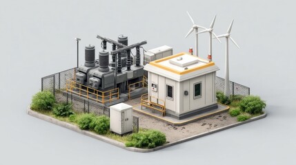 Fototapeta premium Industrial power station featuring transformers, buildings, and wind turbines surrounded by greenery.