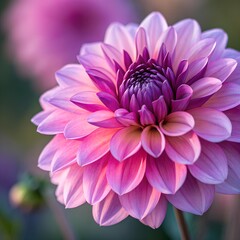 Close up of a beautiful pink and purple dahlia flower in full bloom with soft focus background