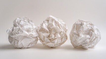 Three Crumpled Paper Balls on White Background Representing Failure or Creative Block