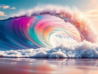Ultra-HD Colorful Wave Crashing on Serene Beach with Vibrant Turquoise, Pink, Purple, Orange, and Gold – Dreamy Seaside Scene (AI Generated)