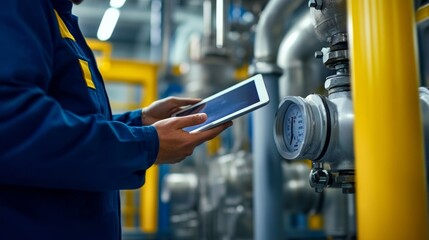 hands of engineer holding tablet while checking pipes and gauges in chemical facility