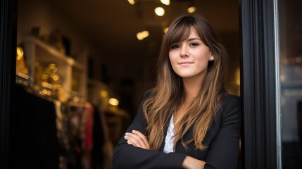 Obraz premium A confident woman with long wavy hair stands near a store entrance, wearing an elegant black blazer and patterned top,