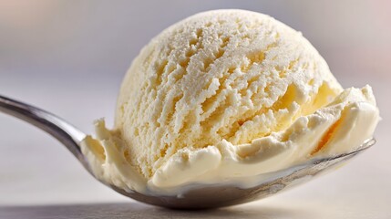 Delicious vanilla ice cream scoop on a spoon, capturing refreshing summer treat isolated closeup