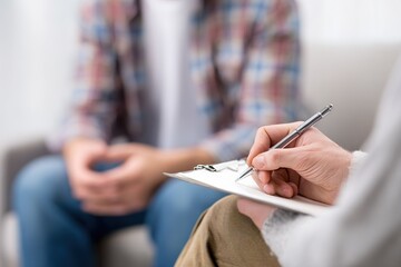 Counselor taking notes during a therapy session in a cozy room with clients present