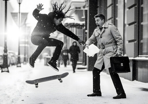 Young Man Performing Skateboard Trick in Snowy Urban Street While Surprising