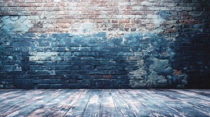 A weathered brick wall with a worn wooden floor in a dimly lit, industrial-style room.