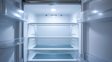 Empty Refrigerator Interior with Clean Shelves and Bright Lighting, Illustrating Food Scarcity and Energy Efficiency