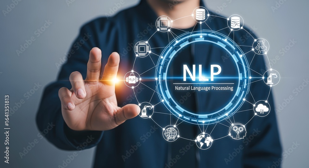 Aufkleber natural language processing concept: business person interacting with nlp tech for future innovation