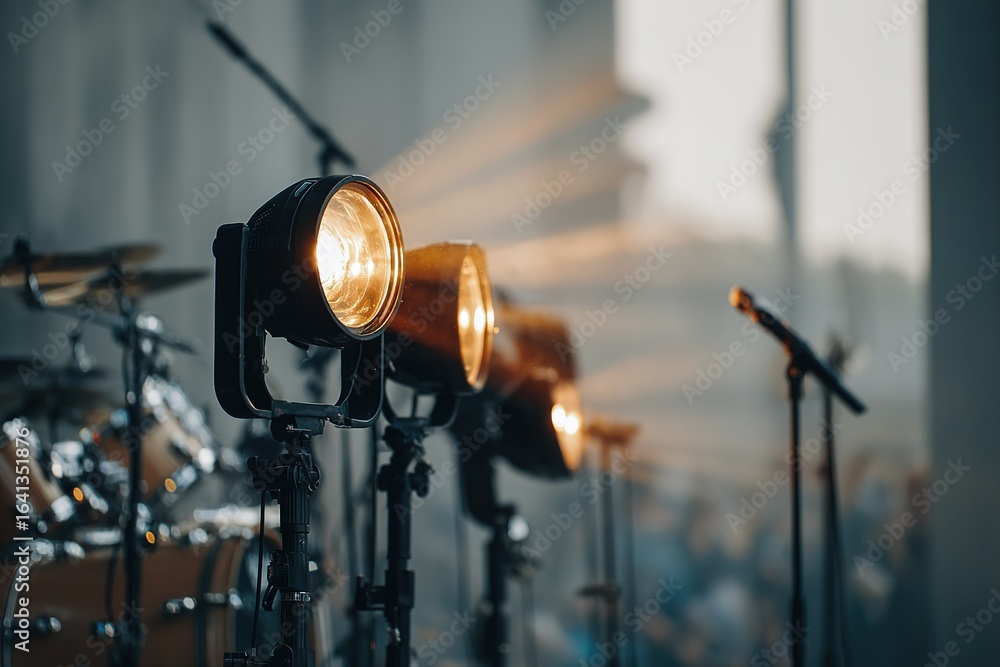 Aufkleber bright stage lights illuminate a concert setting with instruments ready for performance in the eveni