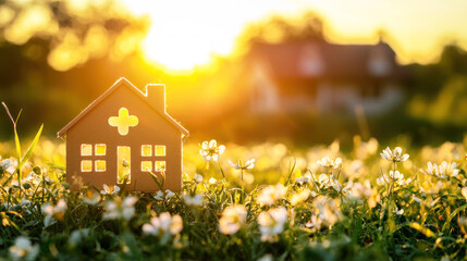 A small, brown, cardboard house with a yellow cross on top sits in a field of white flowers under a golden sunset.