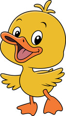 Cartoon duck smiling, yellow feathers, orange beak, expressive eyes, tufted head, cheerful character, kids illustration, animated animal, fun design, playful pose