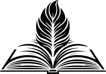 Open book with stylized feather symbolizing knowledge, wisdom, and creative writing inspiration