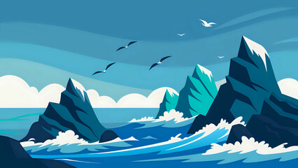 winter mountain landscape, Vector scene of ocean waves hitting jagged rocks with seagulls flying overhead illustration