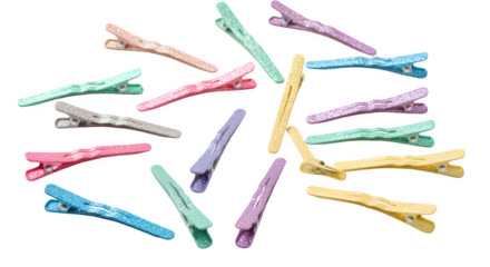 Glittery bobby pins in pastel shades, isolated on white background