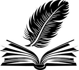 Elegant quill pen poised above open book, symbolizing knowledge and creative writing inspiration
