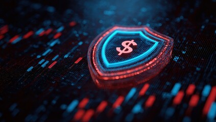 Glowing shield with dollar sign, digital network