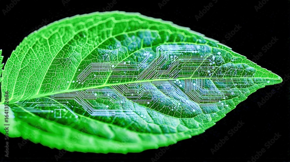 Poster green leaf overlayed with electronic circuitry, representing technology integration with nature and 