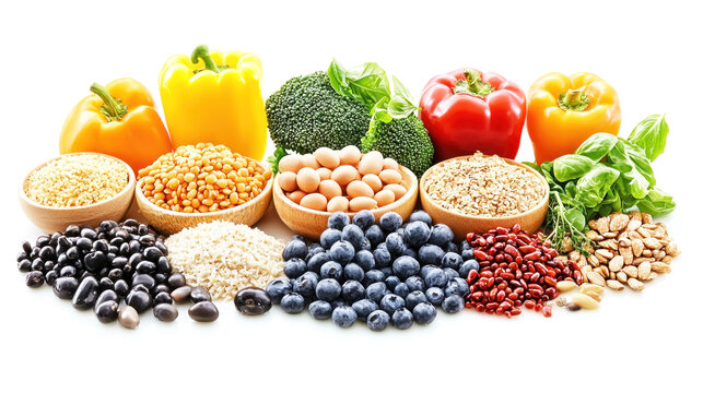 A variety of colorful vegetables and fruits arranged on a white background.
