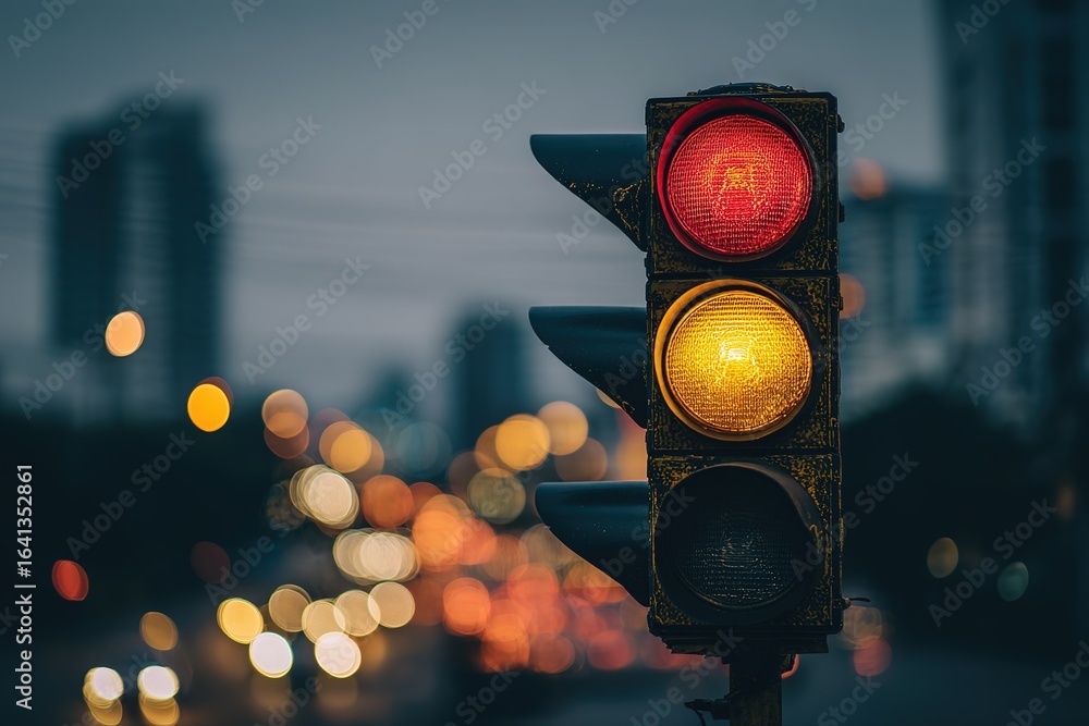 Poster traffic light signals changing at dusk in a busy urban setting with blurred city lights in the backg