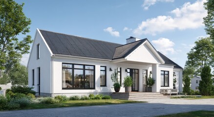 Modern farmhouse style home with white exterior and black trim