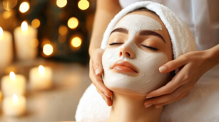A woman receiving a facial treatment with a white towel on her head and closed eyes, surrounded by candles and a blurred background.